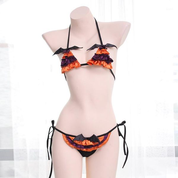 

holloween pumpkin devil women's lingerie 2pcs set bra & panties set bikini cute exotic apparel black & white1, Red;black
