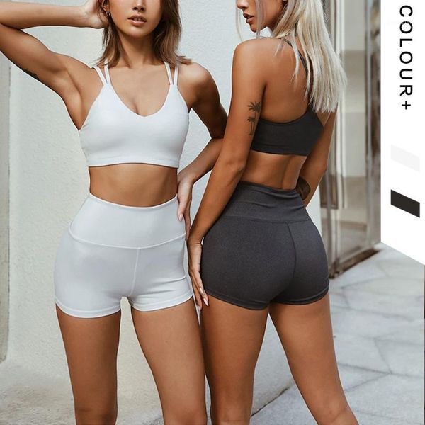 

yoga outfits two piece set tight fitting high stretchy 2 pcs gym cross beauty back with chest pads waist sports shorts1, White;red