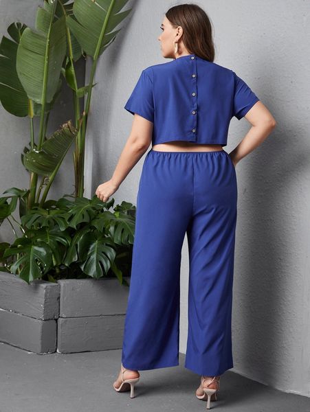 

plus button back wide leg jumpsuit without belt u0pw#, Black