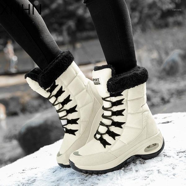 

2020 new quality waterproof winter women boots keep warm mid-calf snow boots ladies lace-up comfortable chaussures femme1, Black