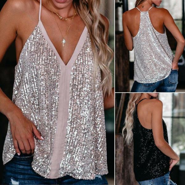 

women v neck loose sleeveless vest tanks camis lady sequin cocktail vest tees, White