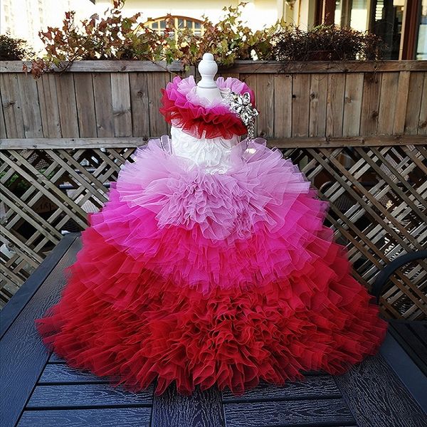 

handmade dog apparel clothes luxurious princess dress lace pink gradient tulle cake skirt chapel train pet trailing gown party holiday pgrap
