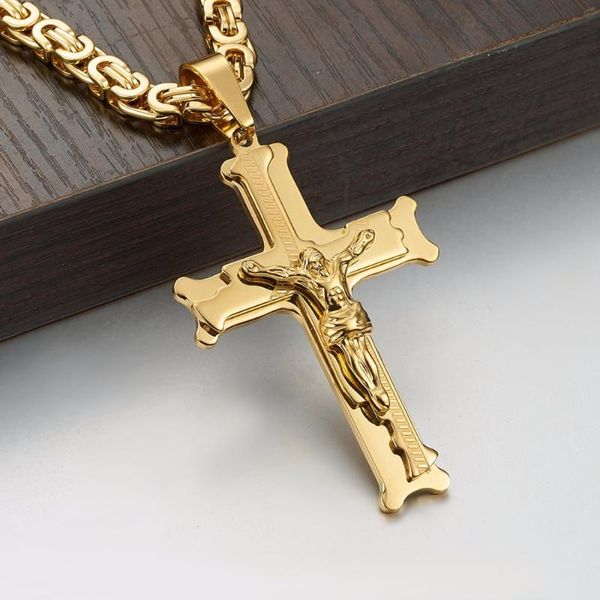 

christian jesus cross pendant necklaces thick link byzantine chain stainless steel men necklace jewelry gift 18-30", Silver