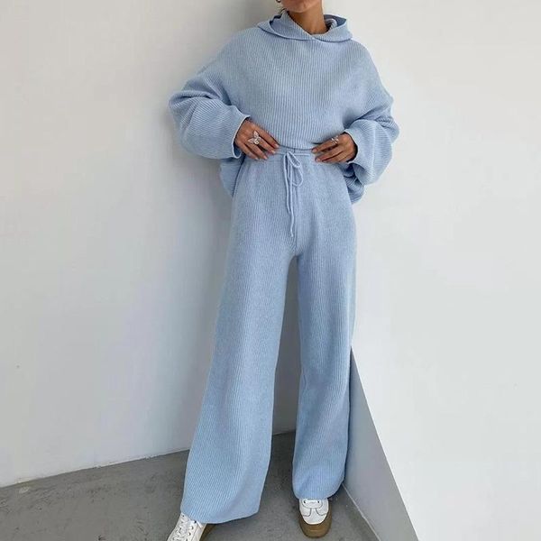 

women hooded sweater and drawstring knit pants sets 2020 autumn casual loose two piece set fashion chic sports streetwear suits, Gray