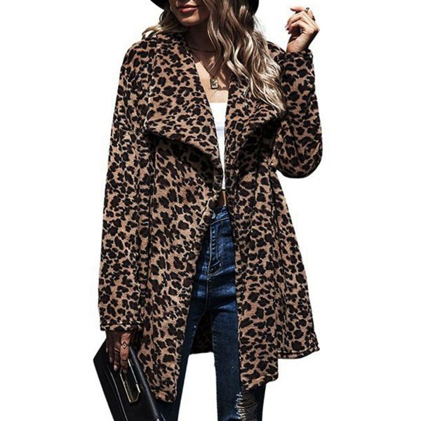 

faux fur winter coats women leopard printed open front midi cardigan outwear lapel long sleeve high street elegant lady overcoat, Black