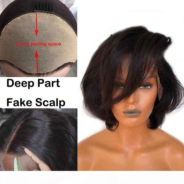 

bleached knots 13x6 lace front brazilian fake scalp invisible short bob wig deep part remy human hair wigs preplucked for women, Black