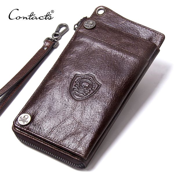 

contact's men's wallet genuine leather clutch man walet brand luxury male purse long wallets zip coin purse 6.5" phone pocket, Red;black