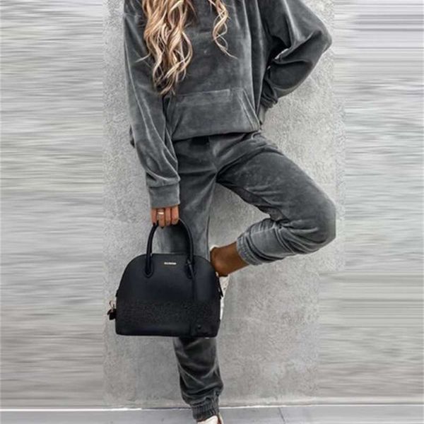 

new long sleeve solid color pants set street fashion two piece sports suit, Gray