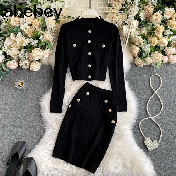 

black long sleeve buttons sweater and skirt suits women knitted two piece set autumn fashion ladies club outfits 220314, White