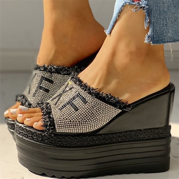 

karinluna wholesale crystals wedges high heels leisure summer sandal women shoes woman platform mules slippers y200624, Black