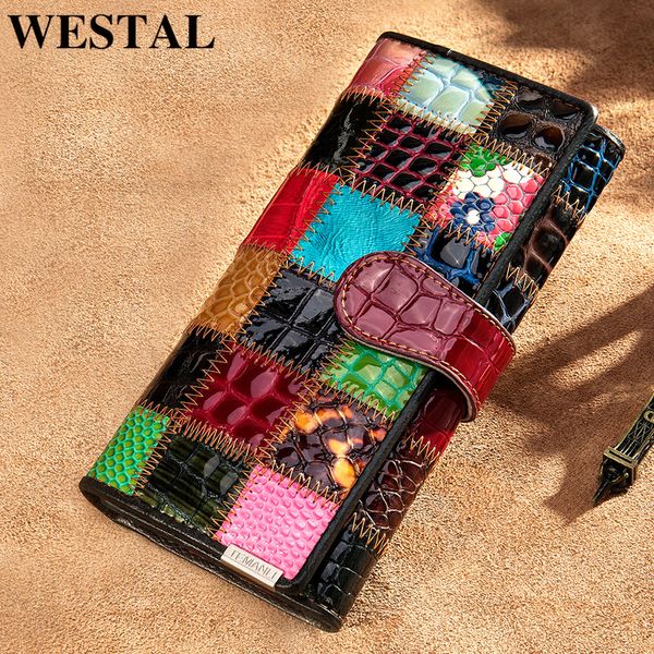 

westal wallet for women zipper ladies clutch bags with cellphone women's wallet genuine leather female patchwork wallet long 420, Red;black