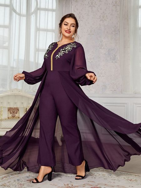 

plus lantern sleeve appliques tape jumpsuit without belt i5qg#, Black