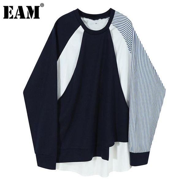 

eam] loose dark blue striped irregular sweatshirt new round neck long sleeve women big size fashion spring autumn 2020 1z857, Black