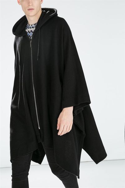 

trendy men's cloak cloak hooded windbreaker european and american mid-length bat jacket korean version large size personality cardigan, Black