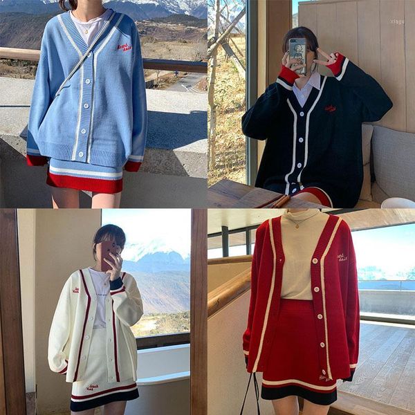 

4 color sm autumn winter 2 pcs sweater dress set women letter embroidery cardigan+short two pieces clothing suit 2020 (x1226)1, White