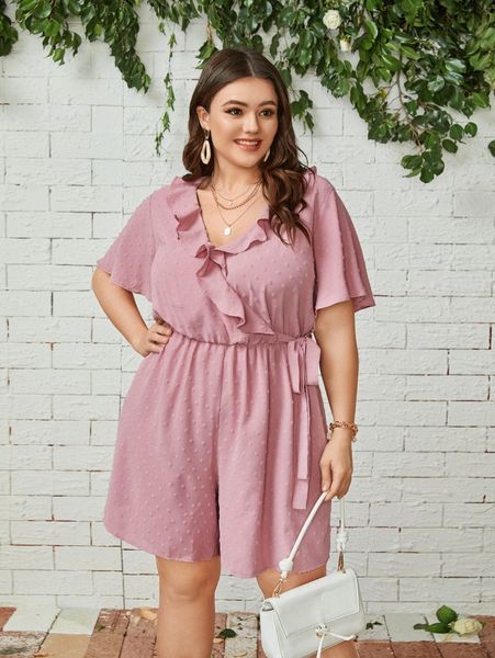 

plus swiss dot flutter sleeve ruffle trim tie side romper x9jg#, Black
