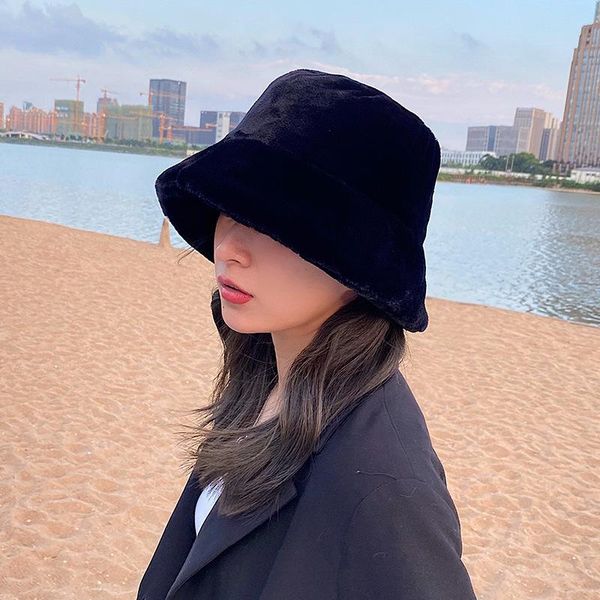 

women winter hat faux fur rabbits bucket hats solid color thickened soft warm fisherman cap sqclya