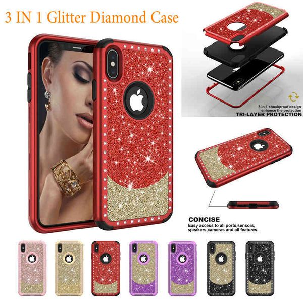 

glitter diamond case for iphone x xr xs max 8 7 6 6s plus 5 5s se 3 in 1 shockproof plastic rubber tpu cover rugged hybrid armor