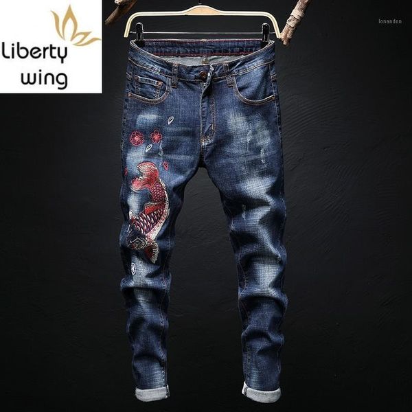 

men's jeans design straight stretch fashions embroidery animal ripped slim fit pants men hip hop vintage denim trousers1, Blue