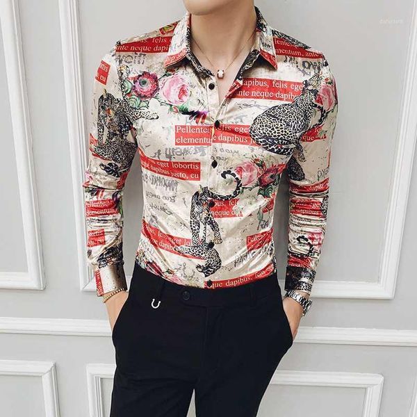 

luxury gold velvet fabric men's shirt 2019 new winter men's leopard print long-sleeved shirt slim royal baroque club party1, White;black