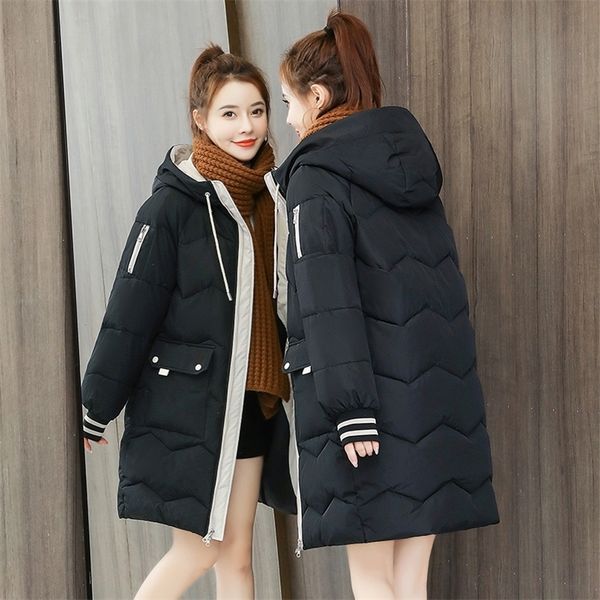 

winter women parkas jackets fashion hooded mid-length down cotton coats female thick warm parkas big pocket parkas outwear 201217, Black