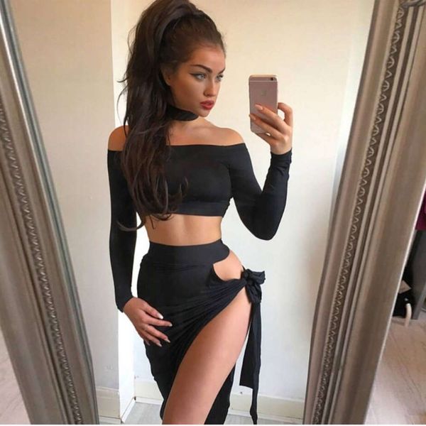 

7128 bandage drs long sve one neck two piece suit autumn and winter, Black;gray