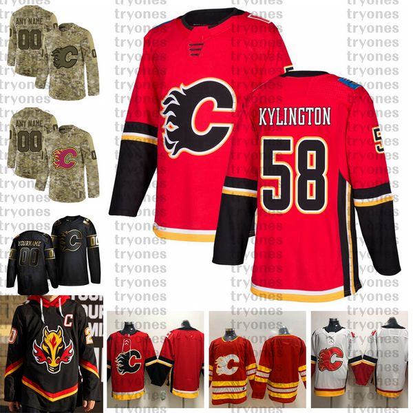 

2021 reverse retro customize #58 oliver kylington calgary flames jerseys golden edition camo veterans day fights cancer hockey jersey, Black;red