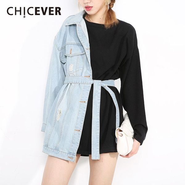 

chicever hit color jackets for women lapel collar long sleeve patchwork lace up oversize loose casual coats female 2021 clothing, Black;brown