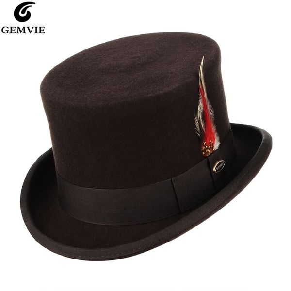 

gemvie brand high 100% wool felt hat with feather cylinder hat for women men costume fedoras classical derby magician cap t200508, Blue;gray