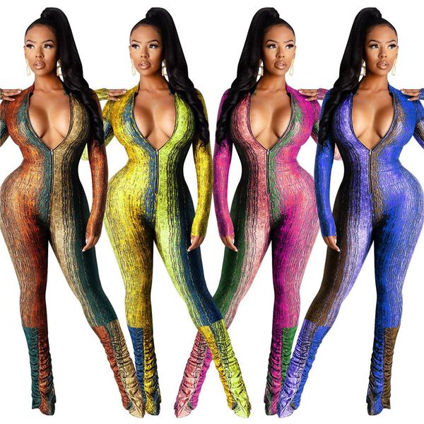 

womens designer jumpsuits fahion long sleeve v neck irregular print slim party rompers fashion casual female clothing, Black;white