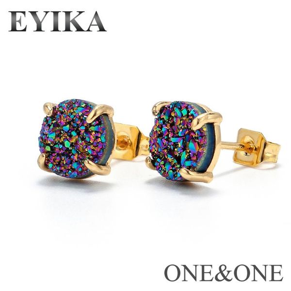 

eyika четыре prong настройка натуральные серьги-гвоздики drusy round 6/8 мм опал друзой чегер серьги 8 цветов кластер агат женщины ювелирные, Golden;silver
