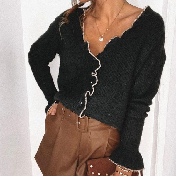 

spring autumn women fashion casual long sleeve ruffles v neck pullover knitwear stylish trendy winter warm sweater daily wear1, White;black