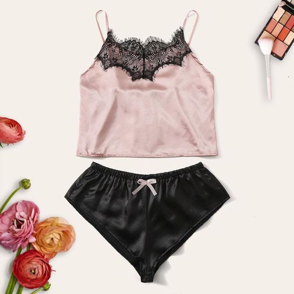 

lingerie bra set fashion women satin lace trim camisole shorts bow sleepwear pajamas bralettedropship #d1 bras sets, Red;black