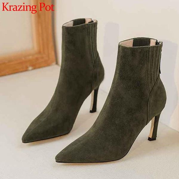 

krazing pot soft genuine leather pointed toe stiletto high heels office lady fashion solid zip winter keep warm ankle boots l73, Black