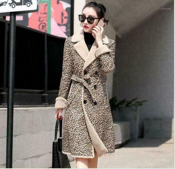 

womens genuine leather lapel collar lamb fur leopard coat mid-length slim fit thicken winter parkas outwear long new 3colors1, Black
