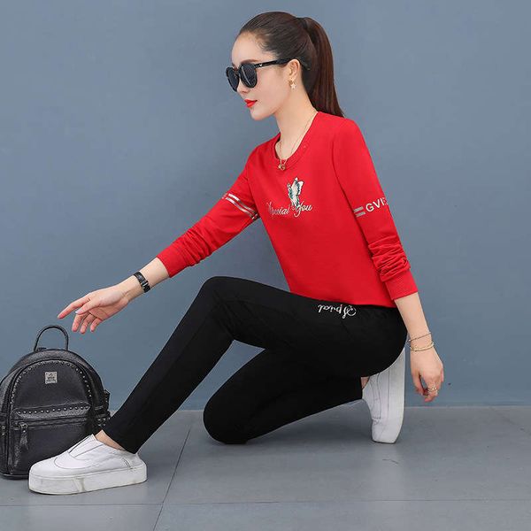 

spring and autumn new fashion cotton women's printed long sleeve sweater pants sportswear set, Gray