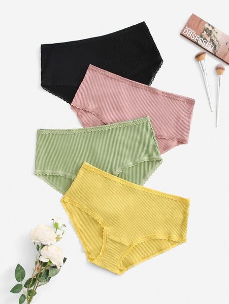 

4pack plus contrast lace rib panty 60lr#, Black;white