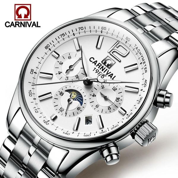

men watch automatic mechanical waterproof wristwatch relogio masculino sapphire stainless steel band moon phase carnival1, Slivery;brown