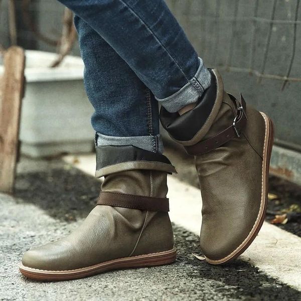 

women ankle boots flats vintage pu leather autumn warm matin slip on shoes plus size short booties woman mujer zapatos d2123, Black