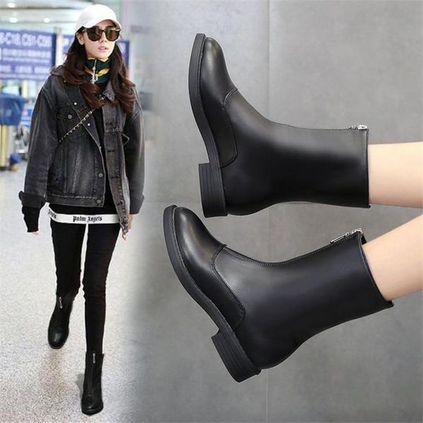 

boots 2021 style fashion women round head thick bottom zipper leather waterproof woman sizes 35-40, Black