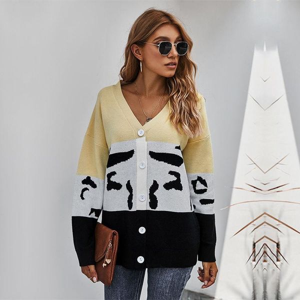 

women's knits & tees winter cardigans sweater women casual patchwork color single breasted knitted for 2021, White