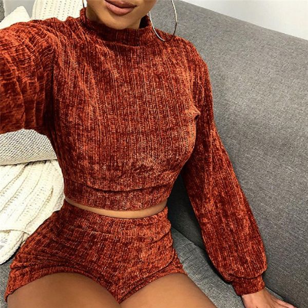 

two piece set women clothes autumn winter outfits long sleeve velvet +bodycon shorts suit matching sets t200702, White