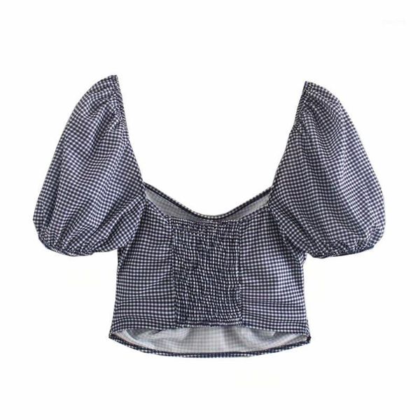 

2020 summer women's new v-neck puffy short-sleeved short jacket elastic trim back honeycomb lattice vichy lattice shirt1, White