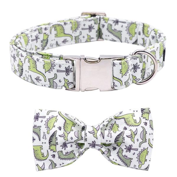 

green dinosaur cotton fabric dog collar and leash set with bow tie for big and small dog metal buckle pet accessories