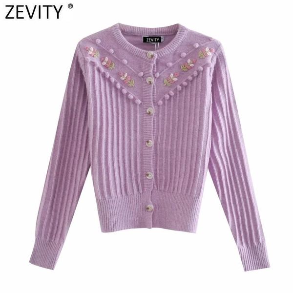 

zevity 2020 women vintage o neck flower appliques cardigans knitting sweater female sweet fur ball pit stripe sweaters s539, White
