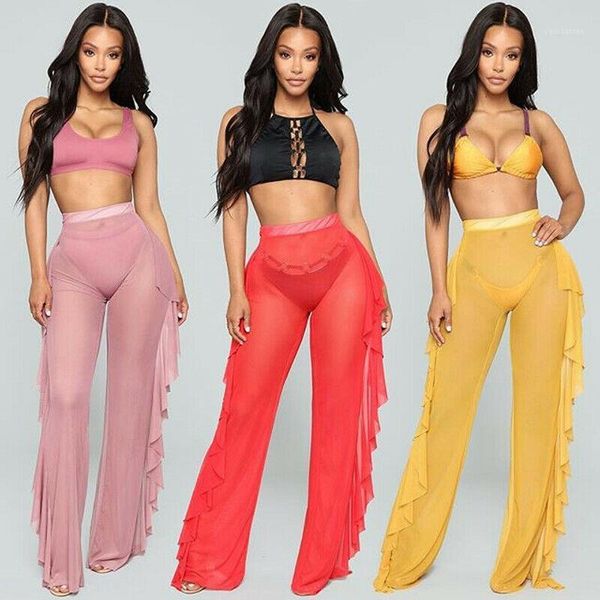 

2020 see through women crochet fish net beach pants mesh sheer trousers bikini cover up costume1, Black;white