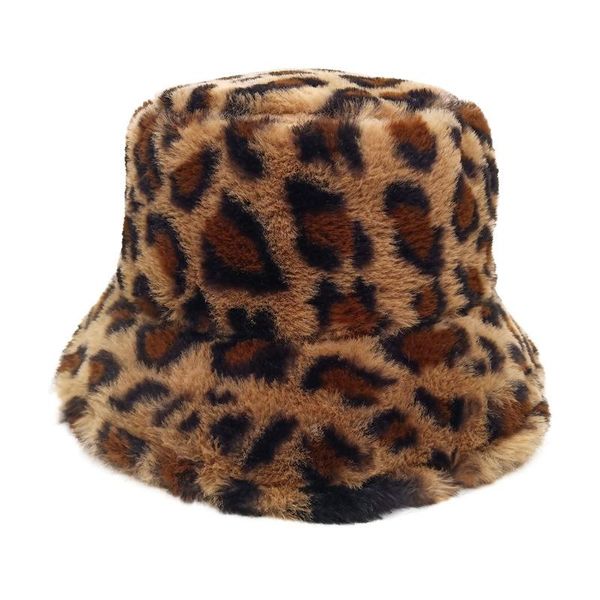 

autumn winter women and students windproof warm imitation leather plush leopard pattern versatile fisherman's cap basin hat, Blue;gray