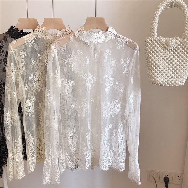 

female shirt fashion sweet hollow out lace bottoming shirts mesh perspective solid blouse white black