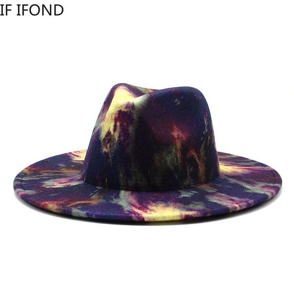 

NEW Multicolor Tie-dye Wool Fedora Hats for Women Men Autumn Winter Ladies Wide Brim Panama Felt Jazz Hat, Blue;gray