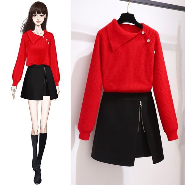 

autumn winter two piece outfits for women korean version loose lazy wind irregular collar sweater a-line high waist short skirt, Gray